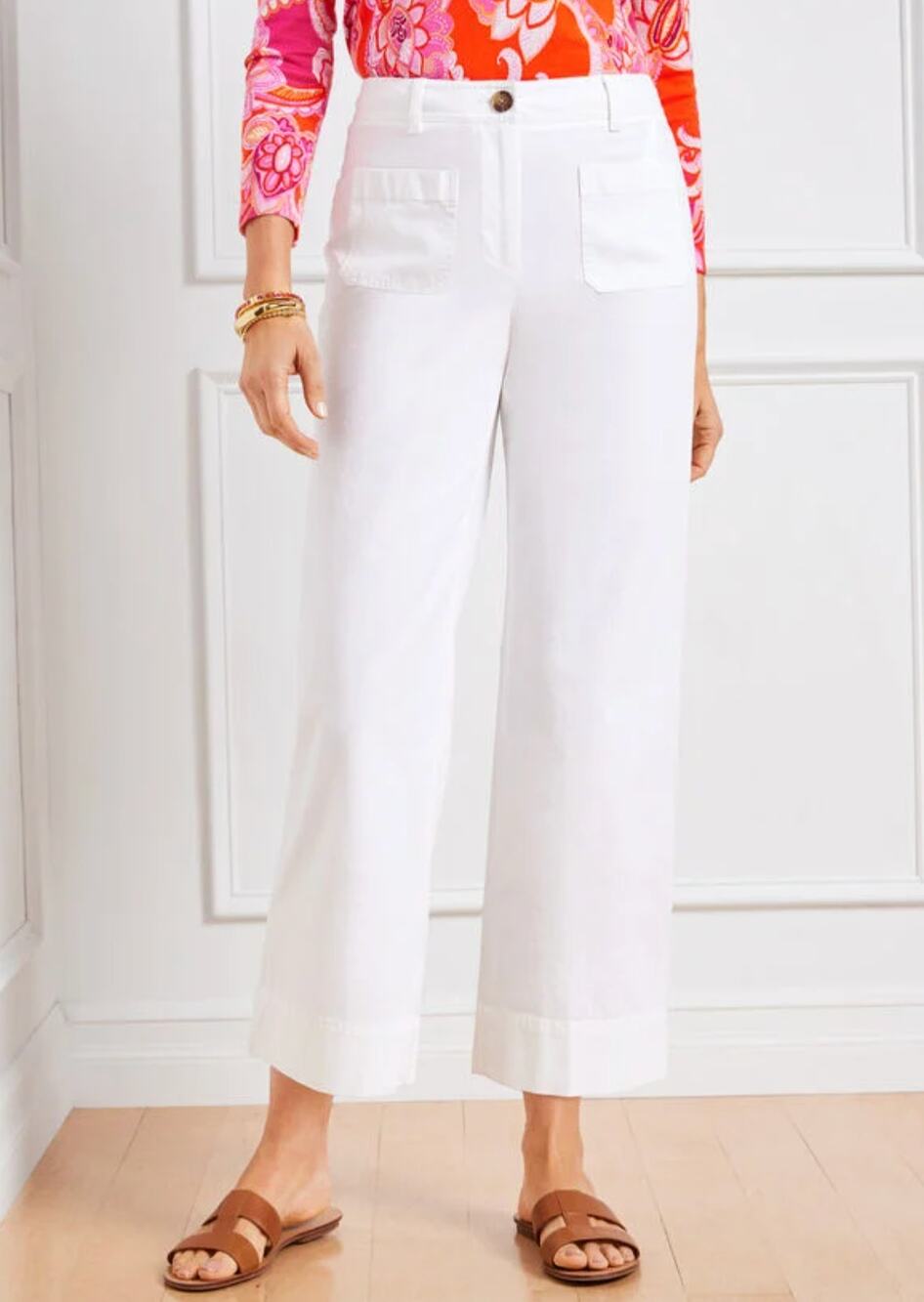 Talbots Womens 16 White Wide Leg Crop Pants Flat Front Summer Vacation Casual